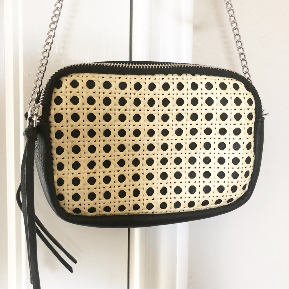 NEW Black Beige Basket Faux Leather Crossbody Bag